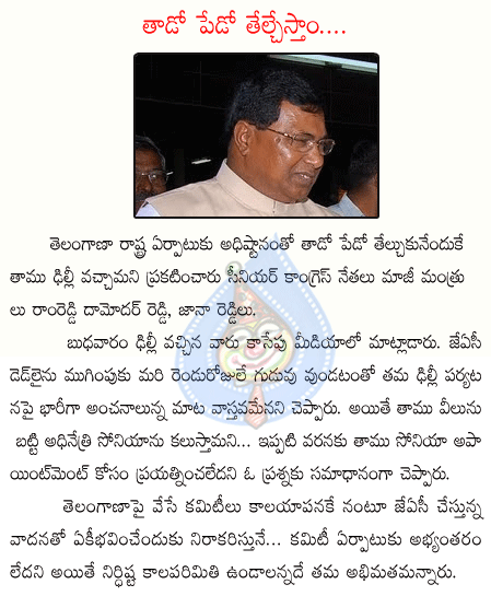 k.jana reddy,telangana,r. damodar reddy,congress,sonia,newdelhi  k.jana reddy, telangana, r. damodar reddy, congress, sonia, newdelhi